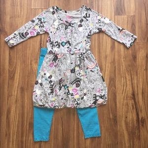 Grey print dress & Blue cropped leggings